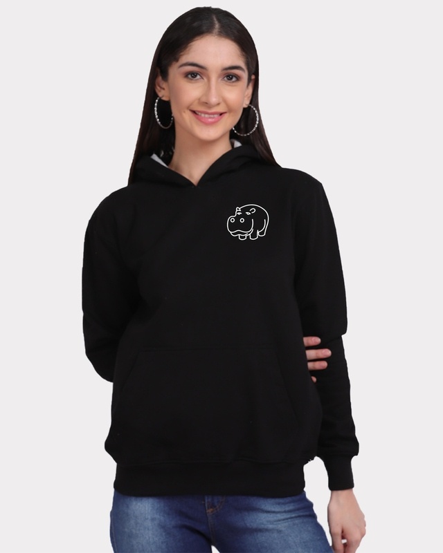 Shop Women's Black Hippo Graphic Printed Hoodie-Front