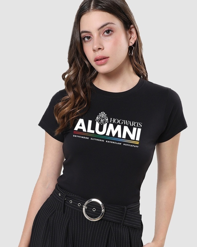 Shop Women's Black Hogwarts Alumni Graphic Printed T-shirt-Front