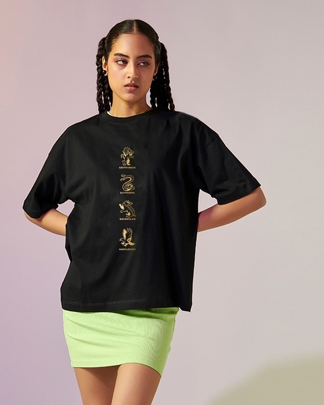 Shop Women's Black House Of Hogwarts Graphic Printed Oversized T-shirt-Front