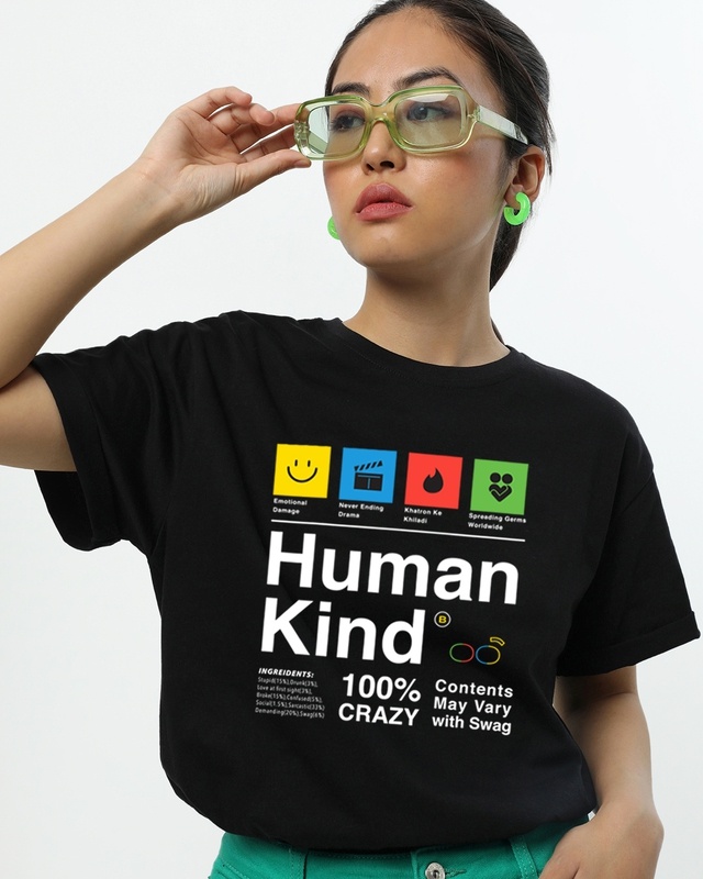 Shop Women's Black Human Kind Typography Boyfriend T-shirt-Front