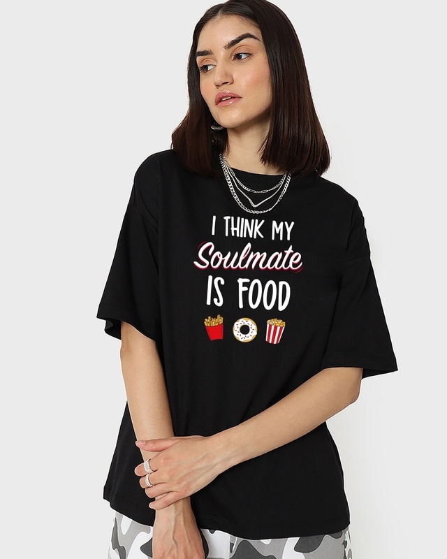 Shop Women's Black I Think My Soulmate Is Food Typography Oversized T-shirt-Front