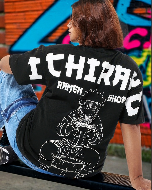 Shop Women's Black Ichiraku Ramen Shop Graphic Printed Oversized Plus Size T-shirt-Front