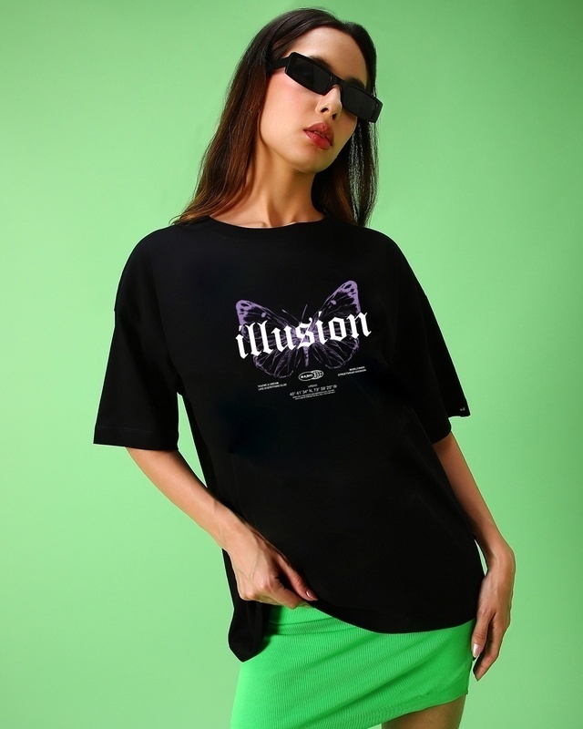 Shop Women's Black Illusion Graphic Printed Oversized T-shirt-Front