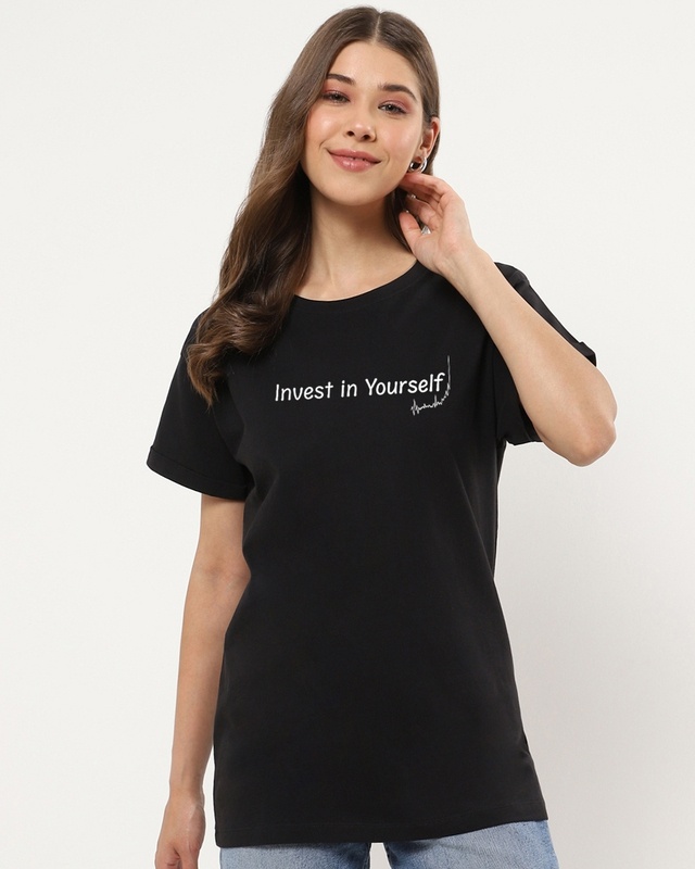 Shop Women's Black Invest In Yourself Typography Boyfriend Fit T-shirt-Front