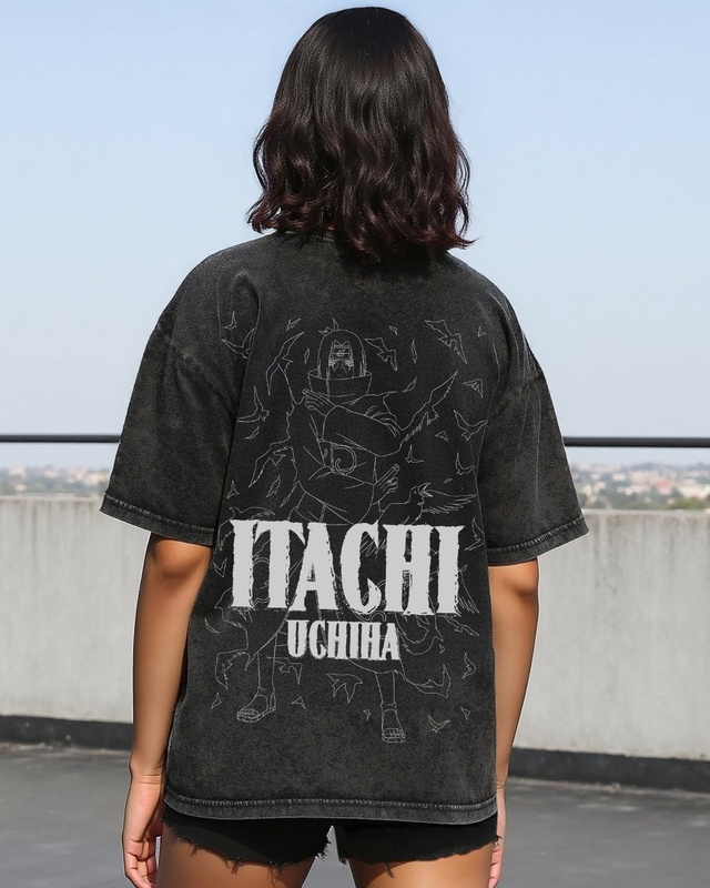 Shop Women's Black Itachi Gen Graphic Printed Oversized Acid Wash T-shirt-Front