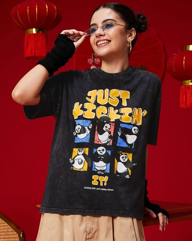 Shop Women's Black Just Kickin'it Graphic Printed Oversized Acid Wash T-shirt-Front