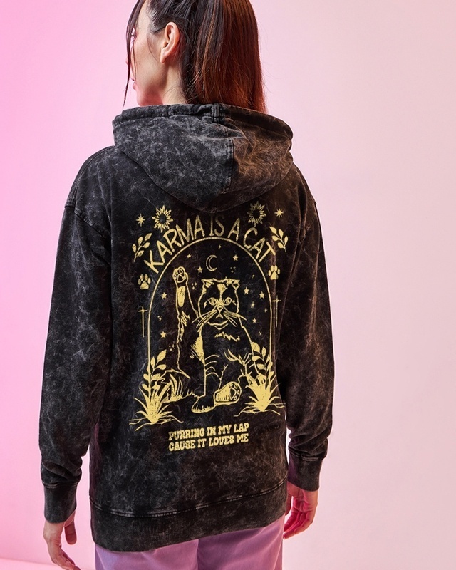 Shop Women's Black Karma is a Cat Graphic Printed Oversized Acid Wash Hoodies-Front