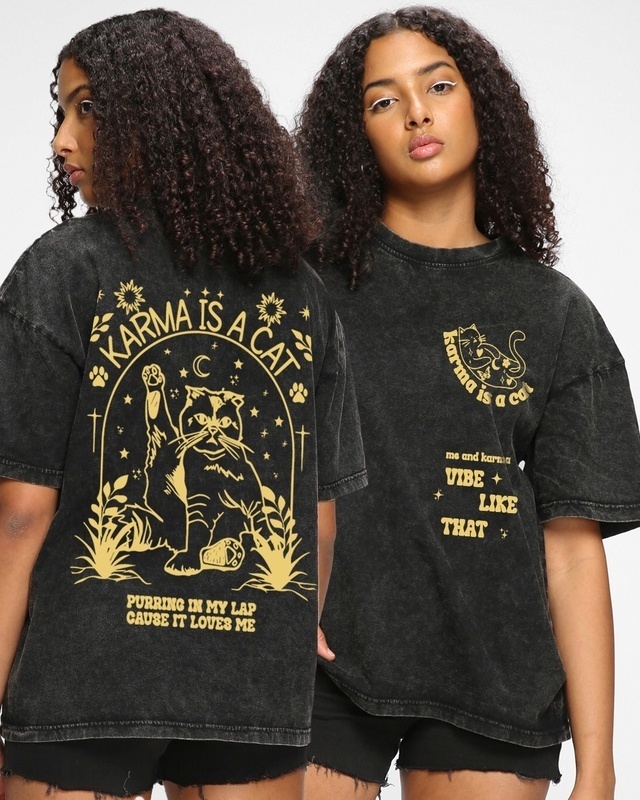 Shop Women's Black Karma is a Cat Graphic Printed Oversized T-shirt-Front