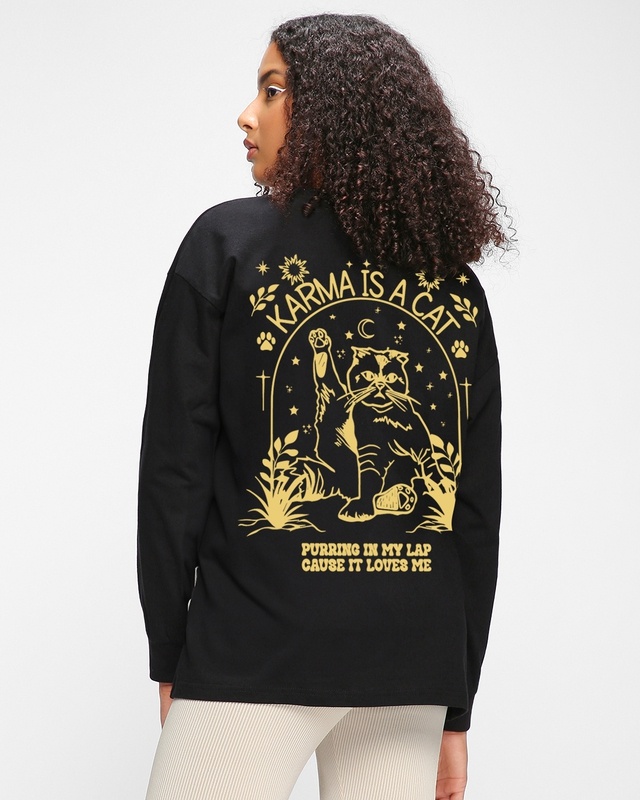 Shop Women's Black Karma is a Cat Graphic Printed Oversized T-shirt-Front