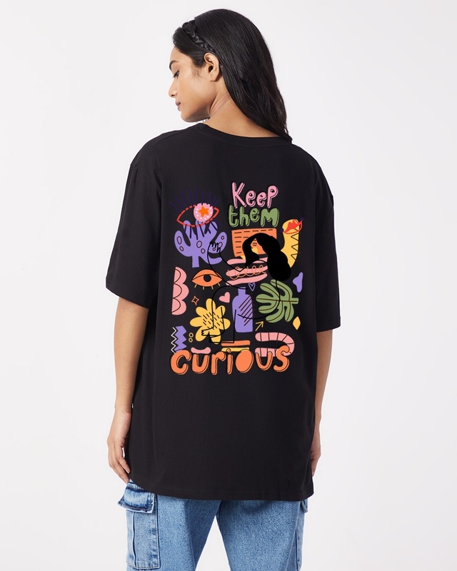 Shop Women's Black Keep Them Curious Graphic Printed Oversized T-shirt-Front