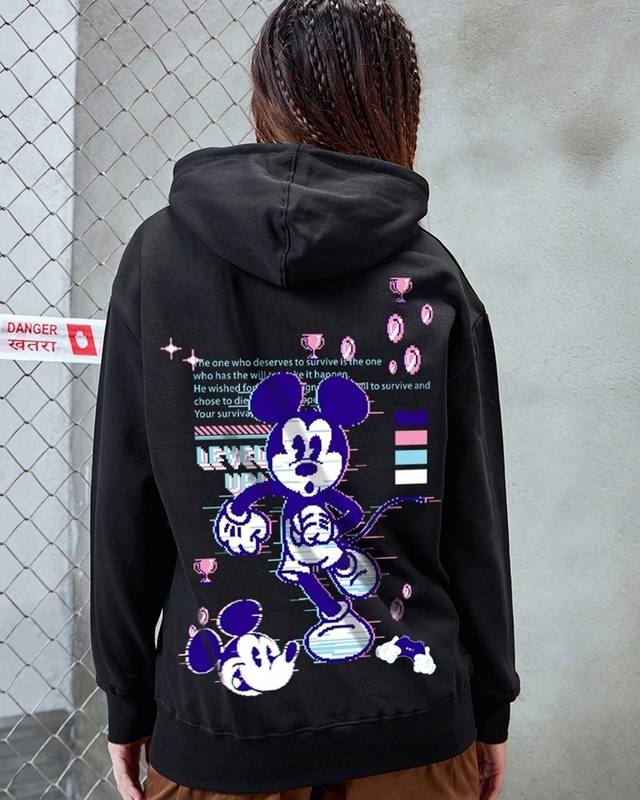 Shop Women's Black Level Up Mickey Graphic Printed Oversized Hoodies-Front