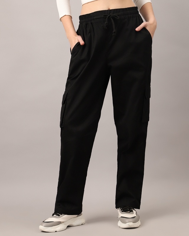 Shop Women's Black Loose Comfort Fit Cargo Pants-Front