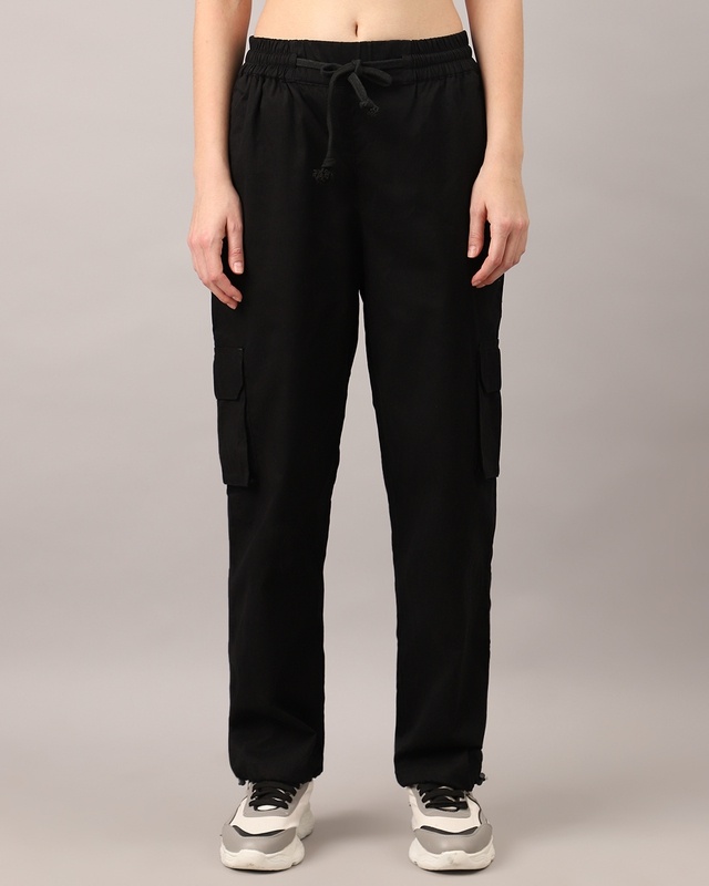 Women's Black Loose Comfort Fit Cargo Parachute Pants