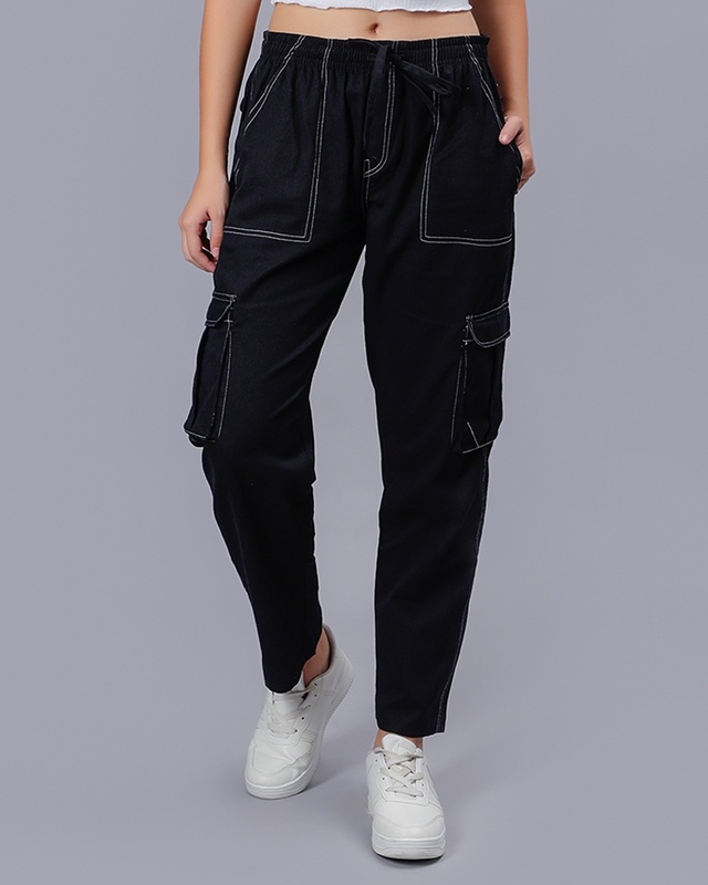 Shop Women's Black Loose Comfort Fit Cargo Track Pants-Front