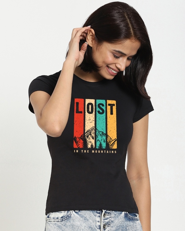 Shop Women's Black Lost Mountains Graphic Printed Slim Fit T-shirt-Front