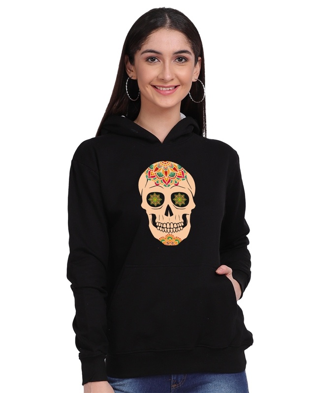 Shop Women's Black Mandala Skull Graphic Printed Hoodie-Front