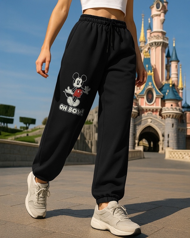 Shop Women's Black Mickey Graphic Printed Oversized Joggers-Front