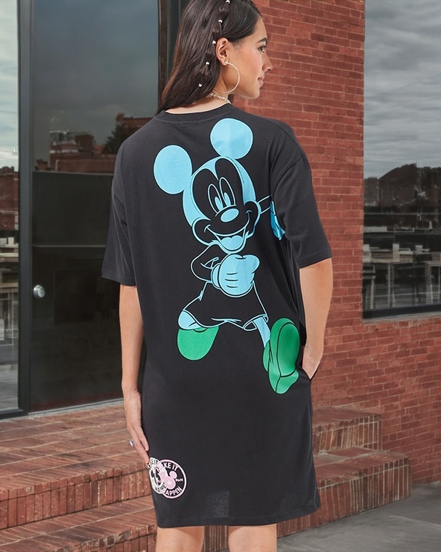 Women's Black Mickey Logo Graphic Printed Oversized T-Shirt Dress