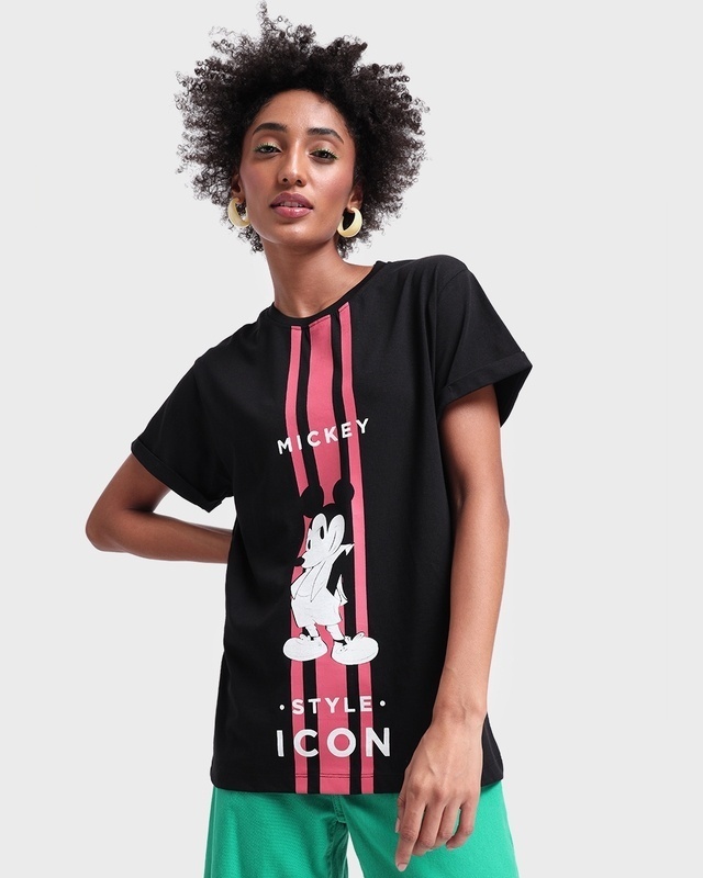 Shop Women's Black Mickey Striped Graphic Printed Boyfriend T-shirt-Front