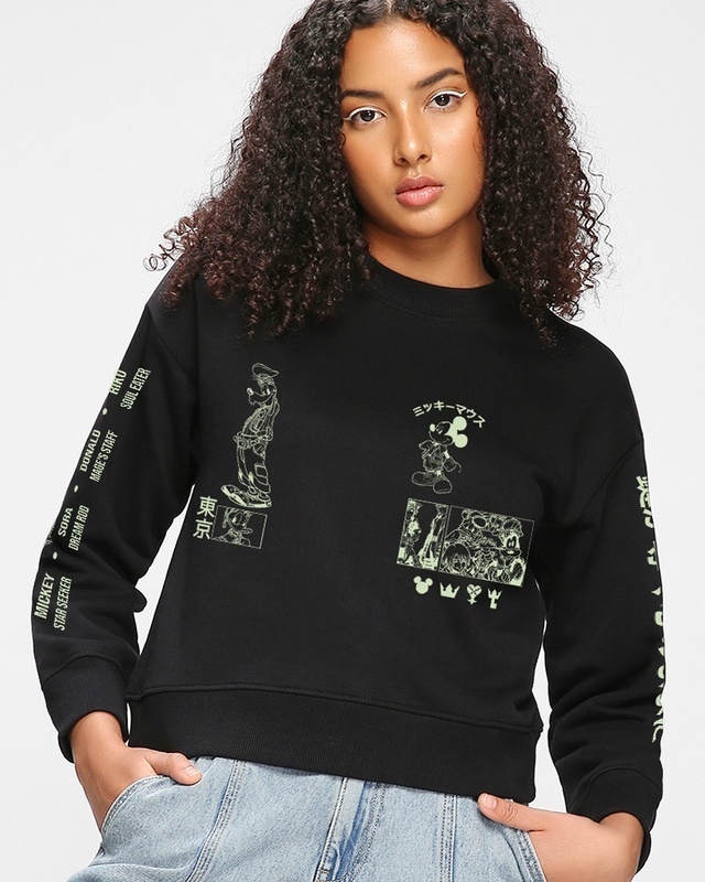 Shop Women's Black Mickeys Kingdom Graphic Printed Oversized Sweatshirt-Front