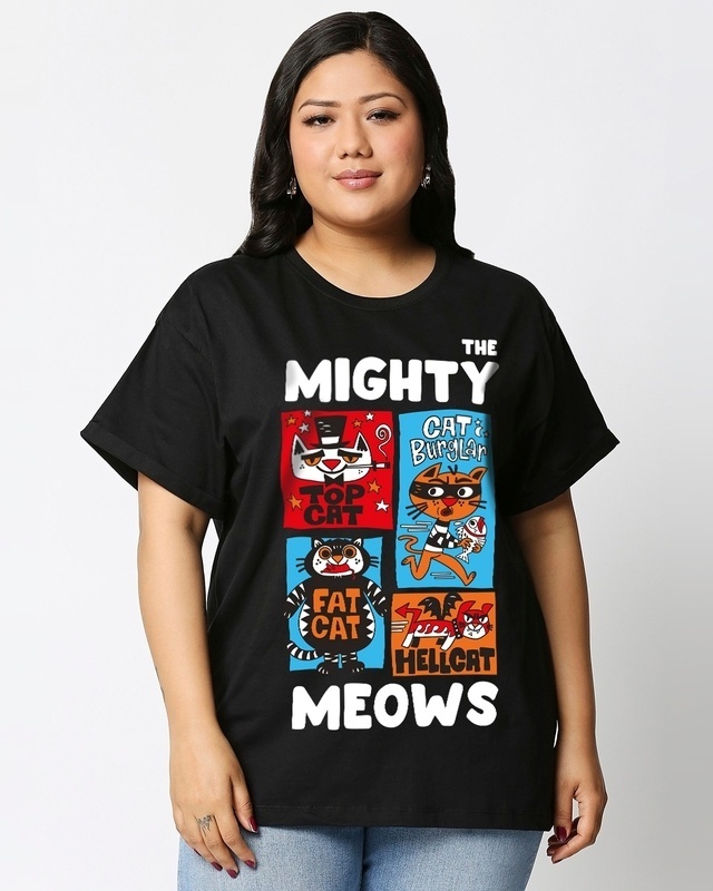 Shop Women's Black Mighty Meows Graphic Printed Plus Size Boyfriend T-shirt-Front