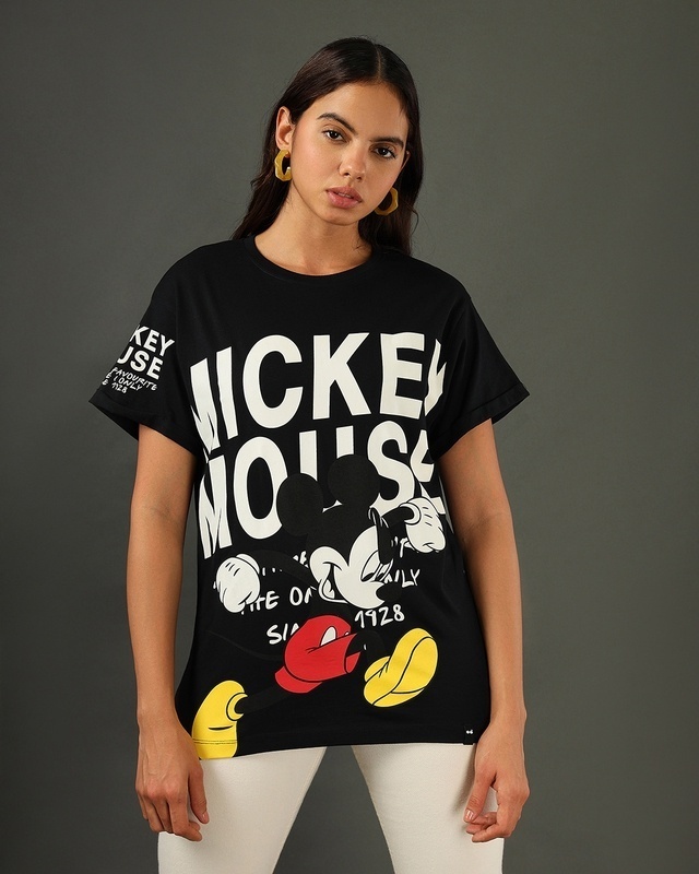 Shop Women's Black Mickey Mouse Graphic Printed Boyfriend T-shirt-Front