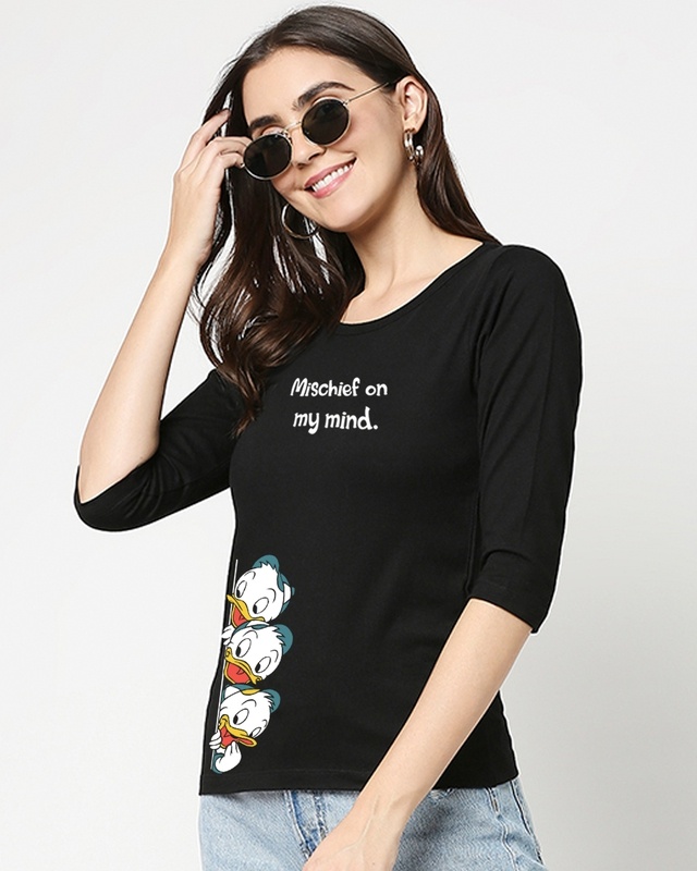 Shop Women's Black Mischief Mind (DL) 3/4 Sleeve Slim Fit T-shirt-Front