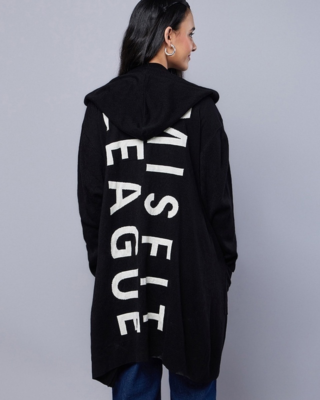 Shop Women's Black Misfit League Typography Super Loose Fit Hooded Flatknit Sweater-Front