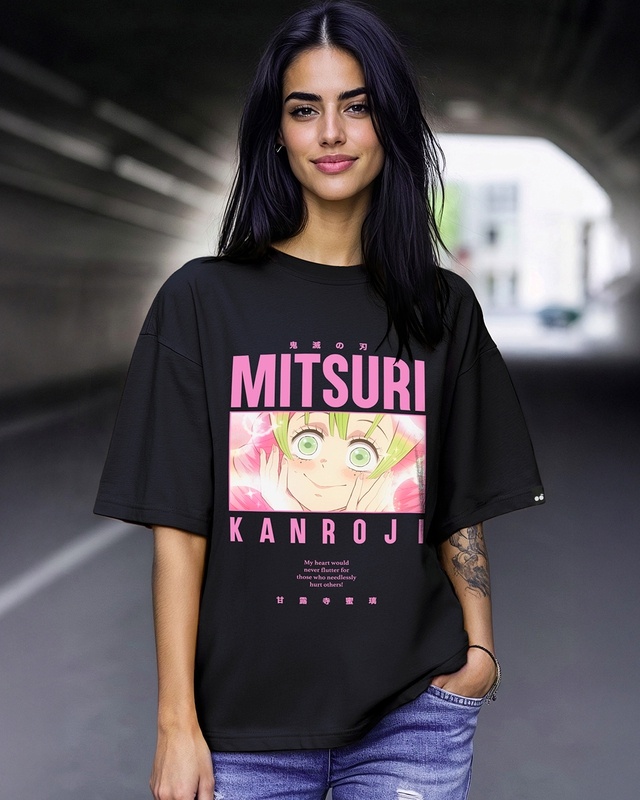 Shop Women's Black Mitsuri Kanroji Graphic Printed Oversized T-shirt-Front