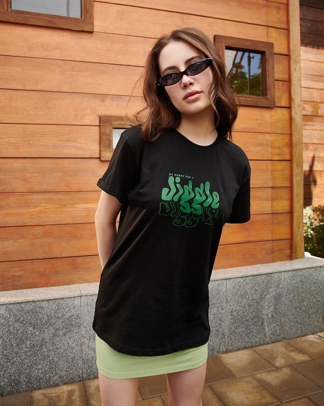 Shop Women's Black Money Don't Jiggle Graphic Printed Boyfriend T-shirt-Front