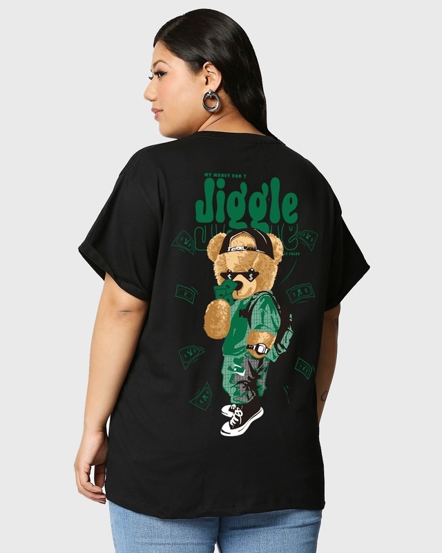 Shop Women's Black Money Don't Jiggle Graphic Printed Plus Size Boyfriend T-shirt-Front