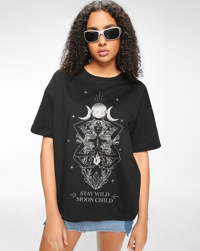 Shop Women's Black Moon Child Graphic Printed Oversized T-Shirt-Front