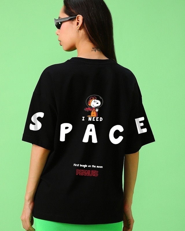 Shop Women's Black Need Space Snoopy Graphic Printed Oversized T-shirt-Front