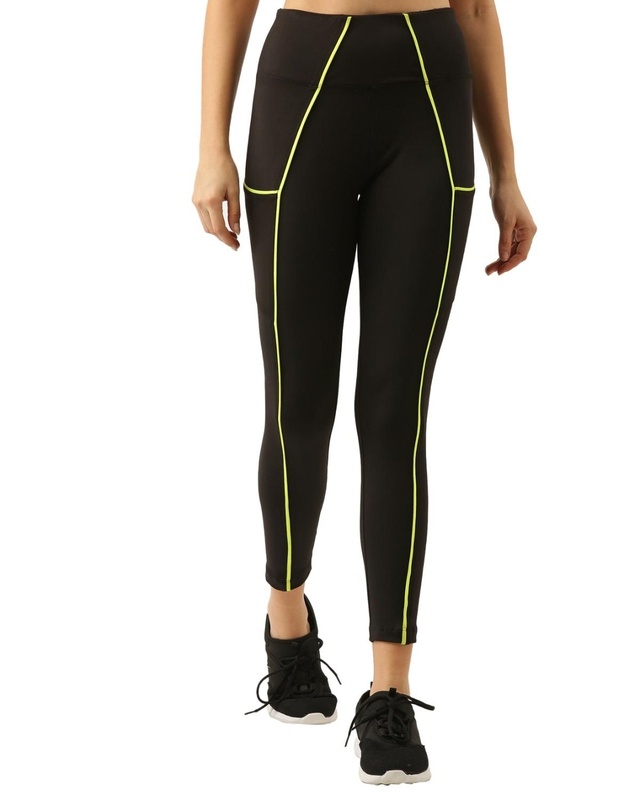 Shop Women's Black & Neon Green Piping Skinny Fit Tights-Front