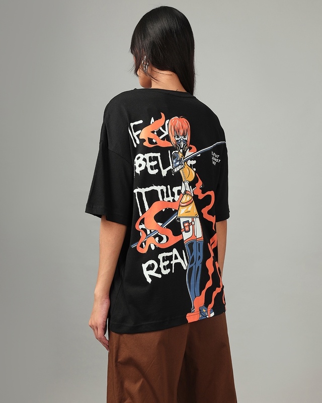 Shop Women's Black Nessy Graphic Printed Oversized T-shirt-Front