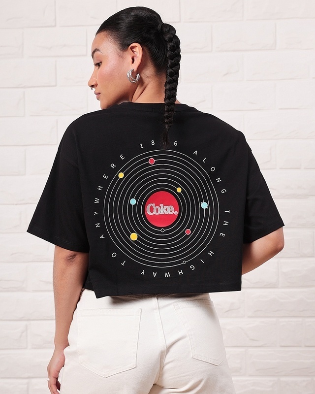 Shop Women's Black New World Coke Graphic Printed Oversized Short Top-Front