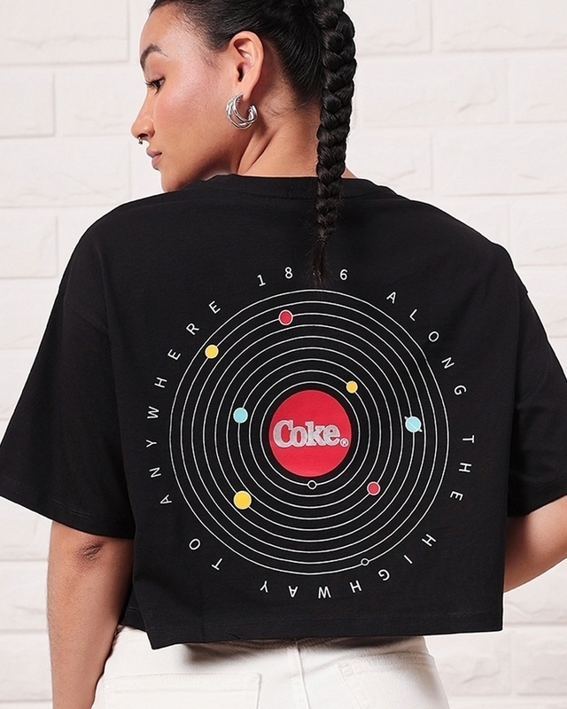 Shop Women's Black New World Coke Graphic Printed Oversized Short Top-Front