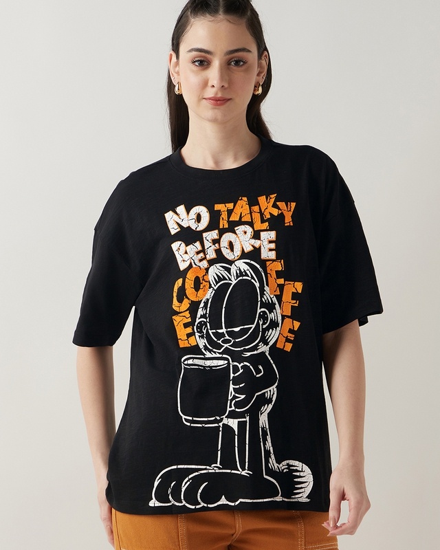 Shop Women's Black No Talky Before Coffee Graphic Printed Oversized T-shirt-Front