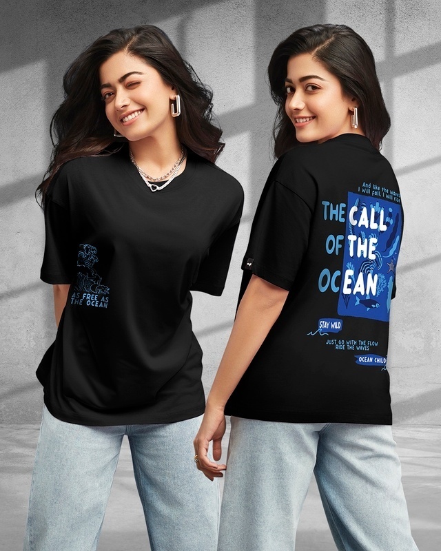 Shop Women's Black Ocean Child Graphic Printed Oversized T-shirt-Front
