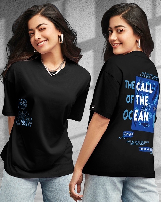 Shop Women's Black Ocean Child Graphic Printed Oversized T-shirt-Front