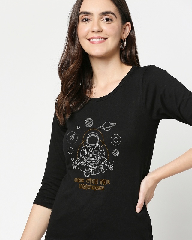 Shop Women's Black One With The Universe Graphic Printed Slim Fit T-shirt-Front