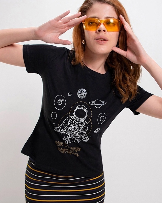 Shop Women's Black One With The Universe Graphic Printed T-shirt-Front