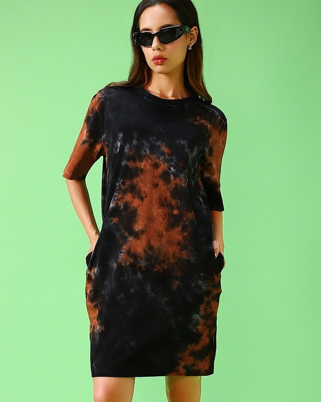 Shop Women's Black & Orange Tie & Dye Oversized Dress-Front