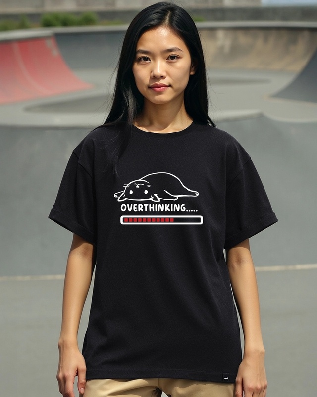 Shop Women's Black Over Thinking Graphic Printed Boyfriend T-shirt-Front