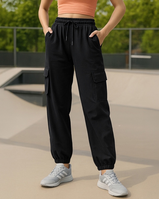 Shop Women's Black Oversized Cargo Joggers-Front