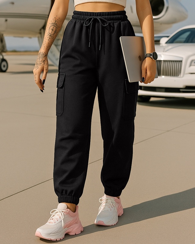Shop Women's Black Oversized Cargo Joggers-Front