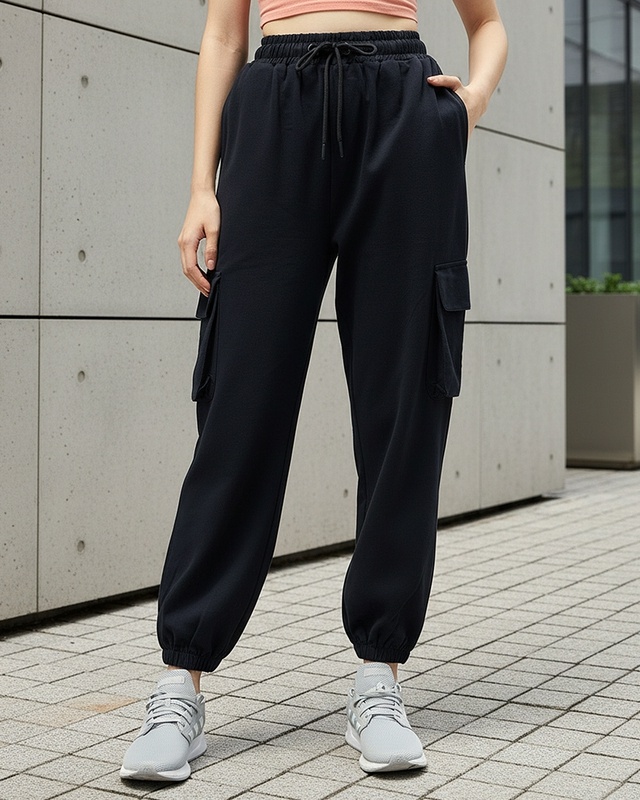 Shop Women's Black Oversized Cargo Joggers-Front