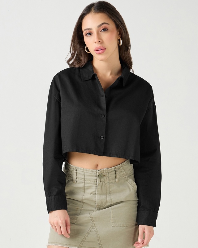 Shop Women's Black Oversized Crop Shirt-Front