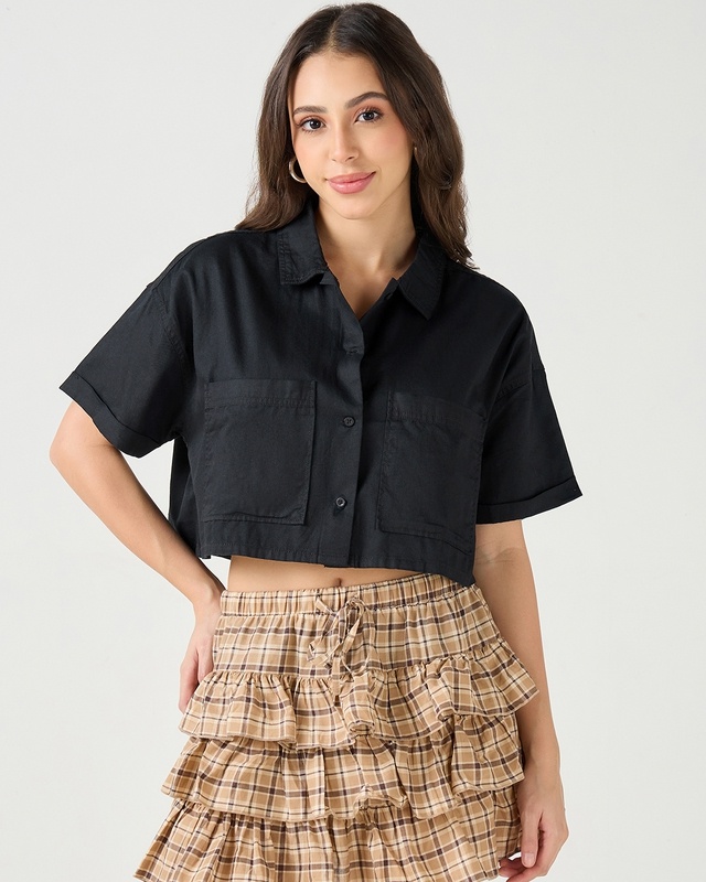 Shop Women's Black Oversized Cropped Shirt-Front