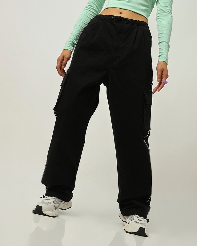 Shop Women's Black Oversized Parachute Pants-Front